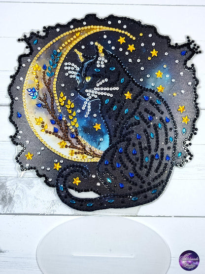 Black Cat Crescent Moon Table Decor, Crystal Goth Ornament