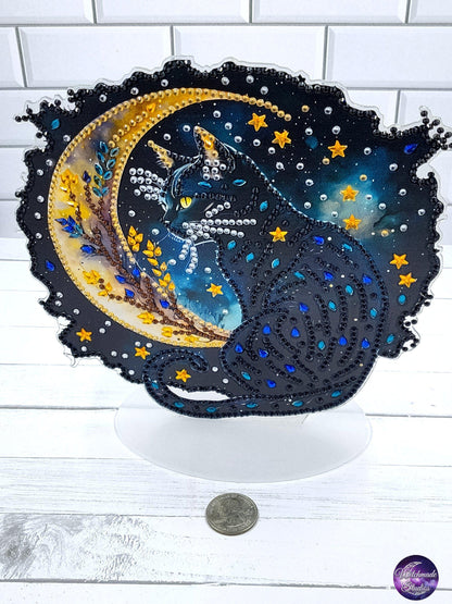 Black Cat Crescent Moon Table Decor, Crystal Goth Ornament