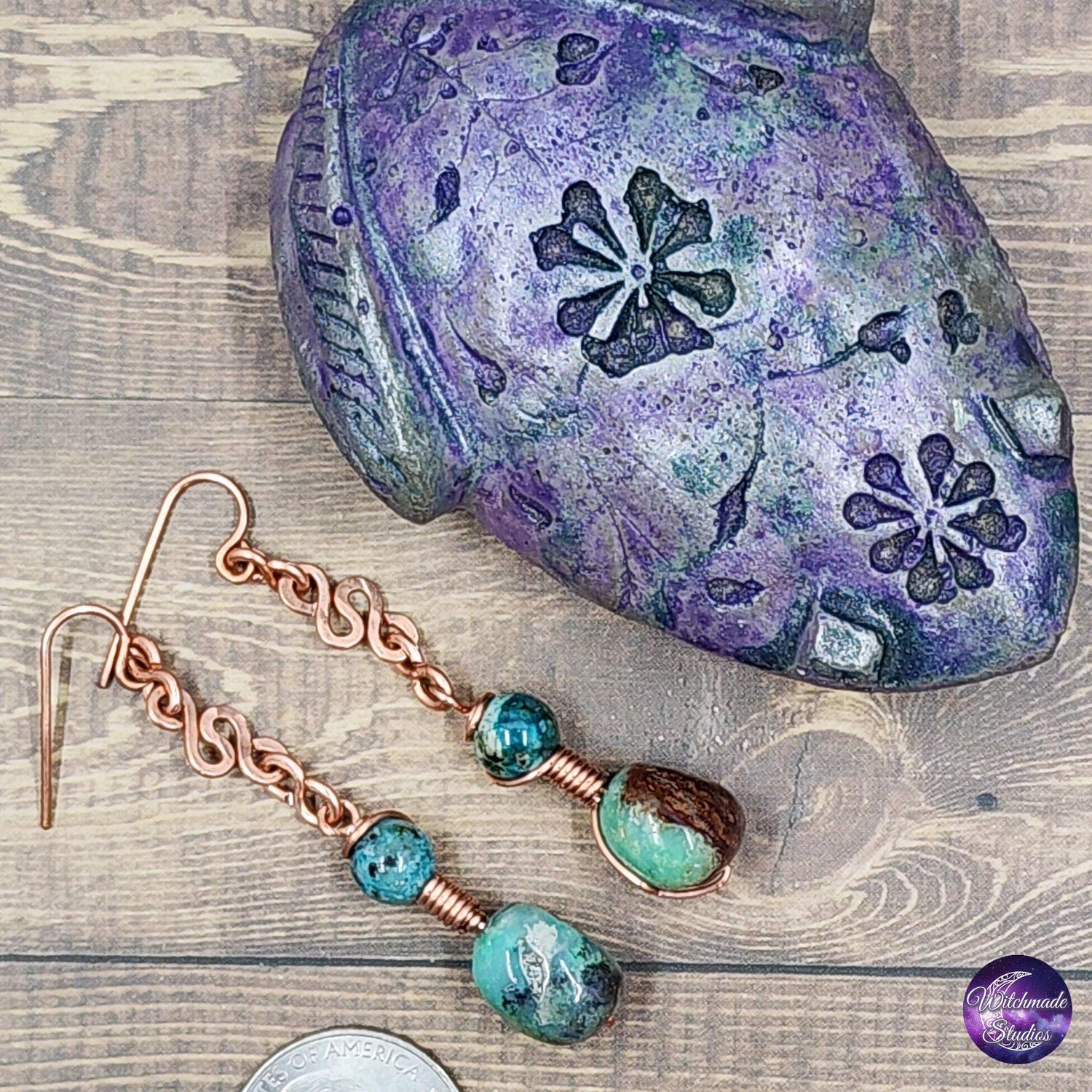 Chrysocolla Wire Wrap Crystal Earrings, Copper Metaphysical Jewelry  JE193