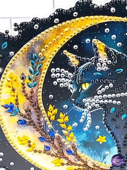 Black Cat Crescent Moon Table Decor, Crystal Goth Ornament