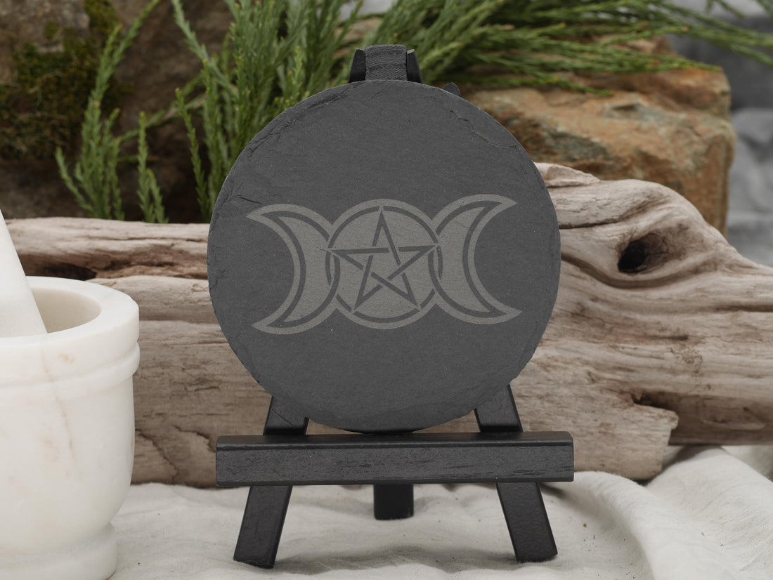Triple Moon Goddess Slate Altar Tray: Wiccan Pentacle Coaster