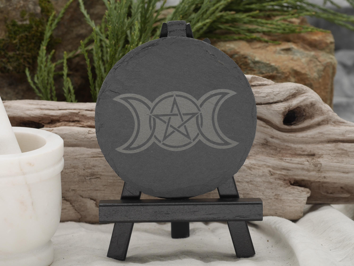 Triple Moon Goddess Slate Altar Tray: Wiccan Pentacle Coaster