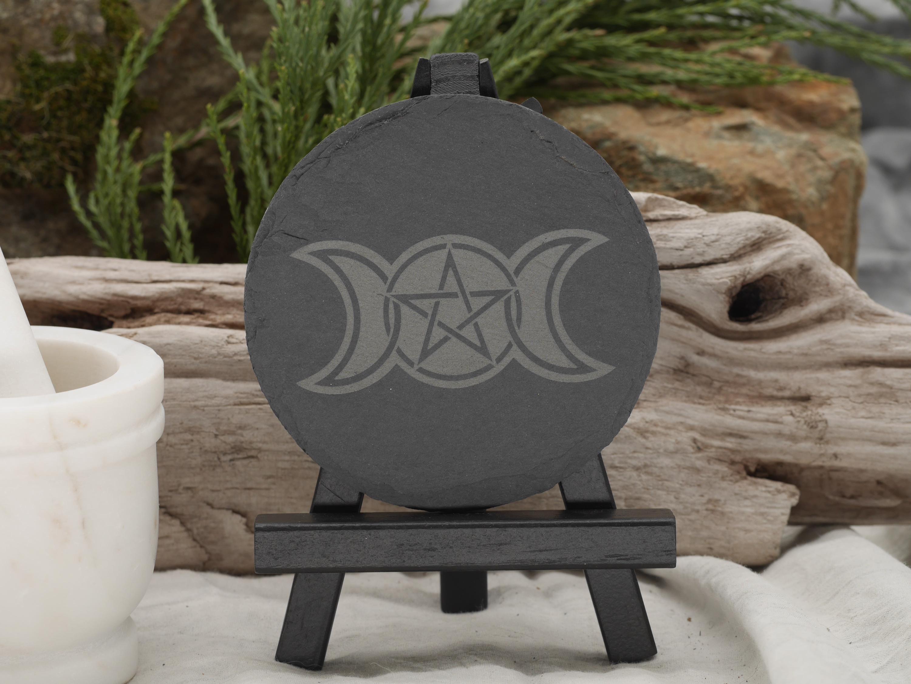 Triple Moon Goddess Slate Altar Tray: Wiccan Pentacle Coaster
