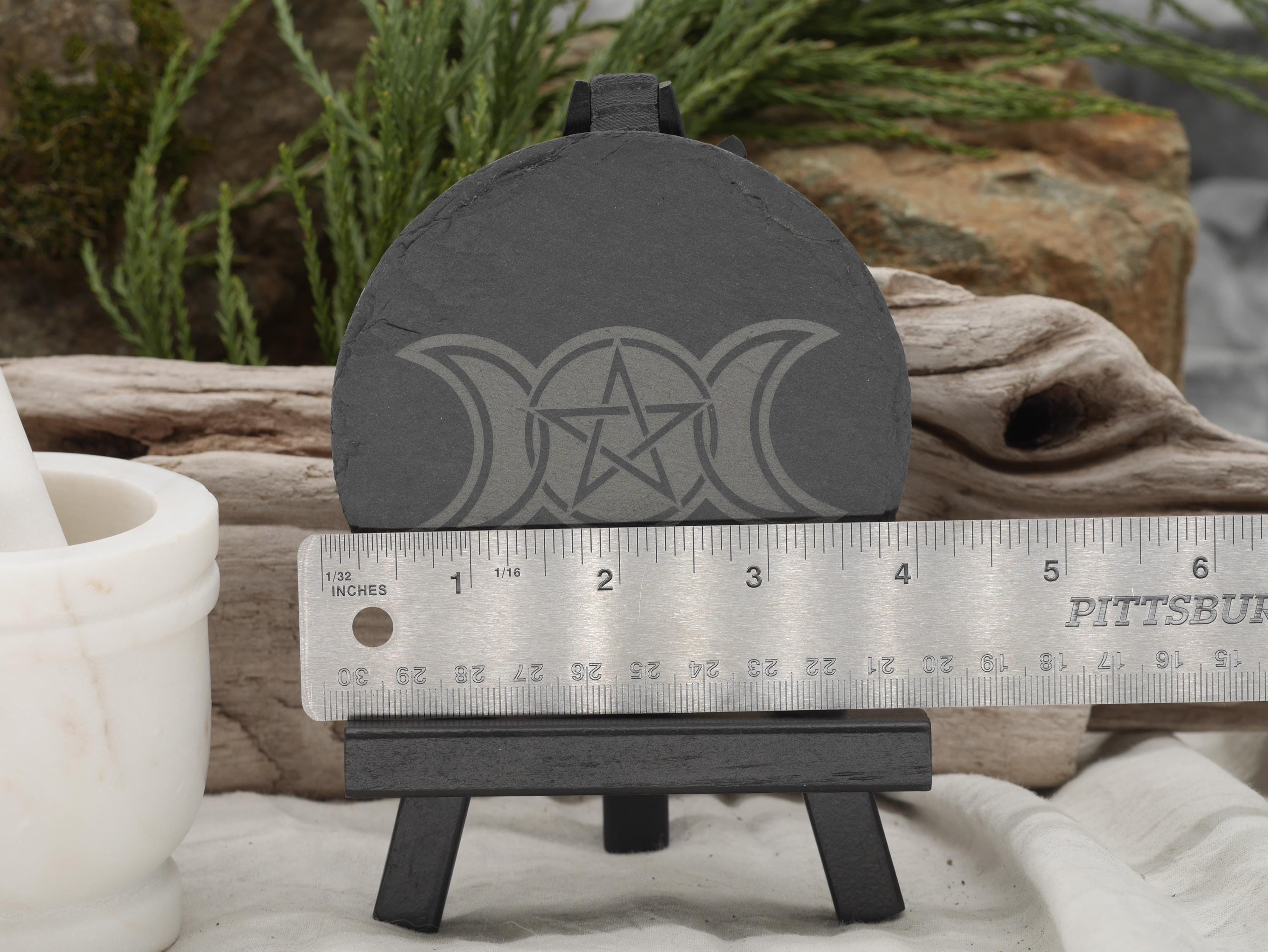 Triple Moon Goddess Slate Altar Tray: Wiccan Pentacle Coaster
