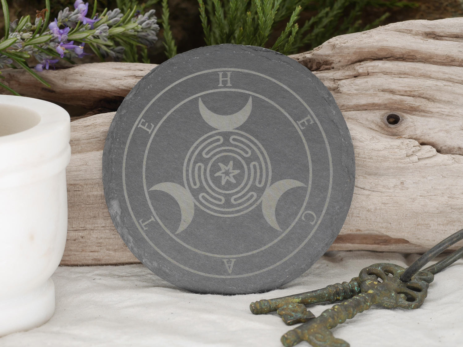 Hecate Strophalos Slate Altar Tray: Triple Moon Goddess Decor