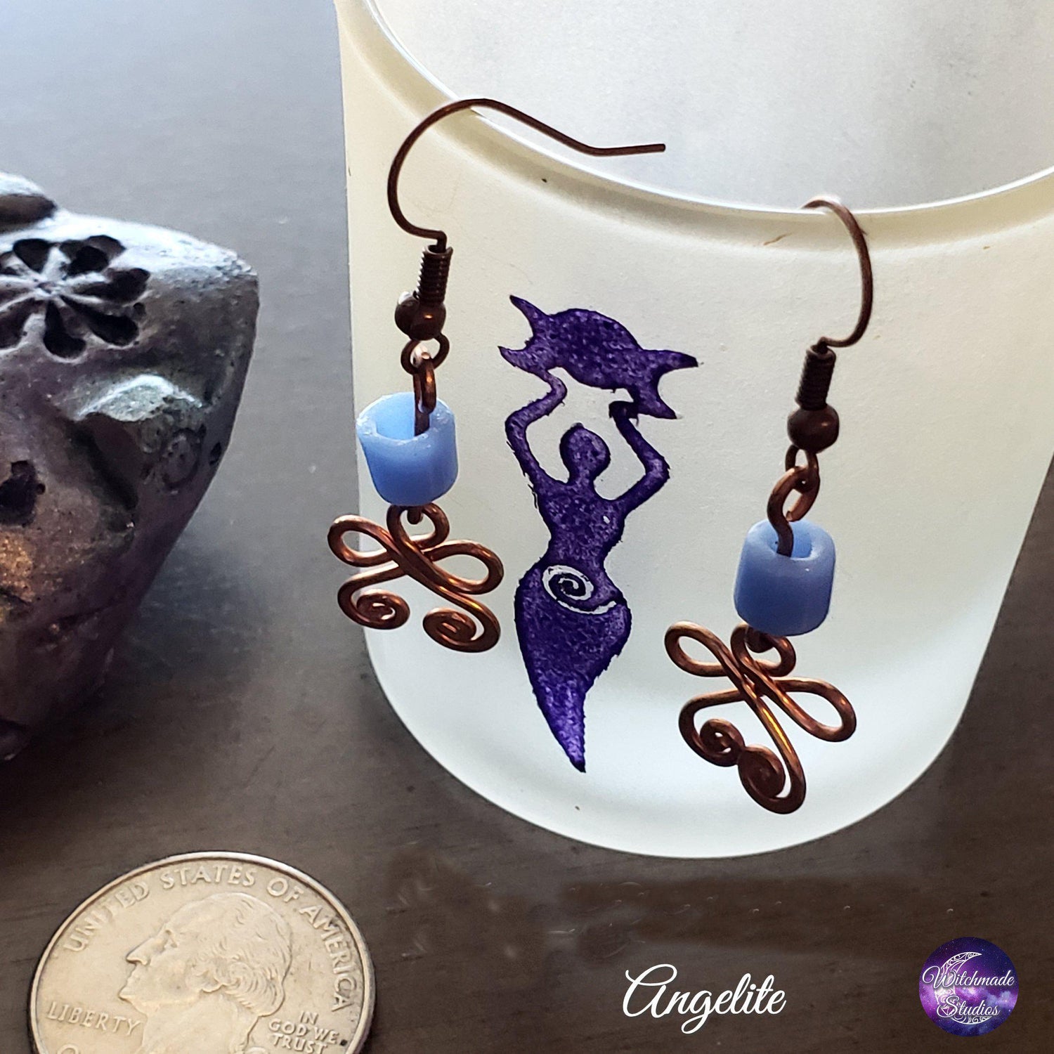 Angelite Wire Wrap Crystal Earrings, Copper Metaphysical Jewelry JE70