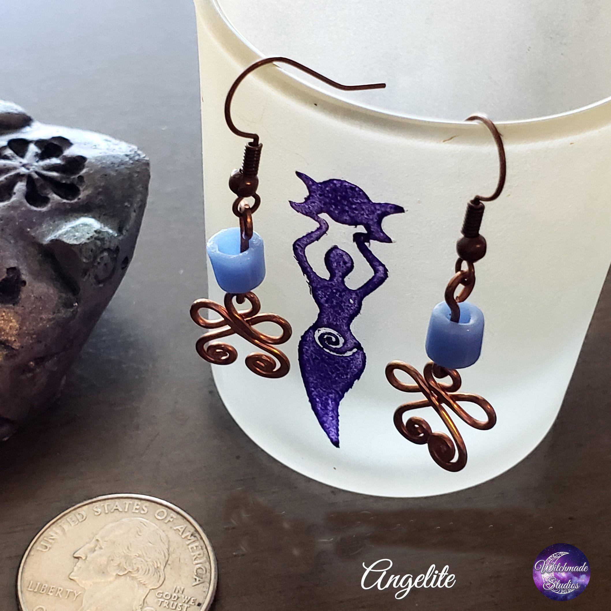 Angelite Wire Wrap Crystal Earrings, Copper Metaphysical Jewelry JE70
