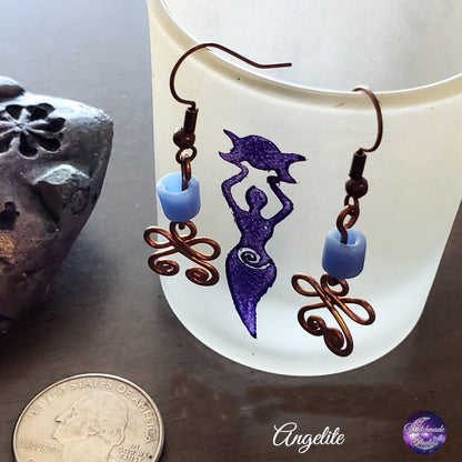 Angelite Wire Wrap Crystal Earrings, Copper Metaphysical Jewelry JE70