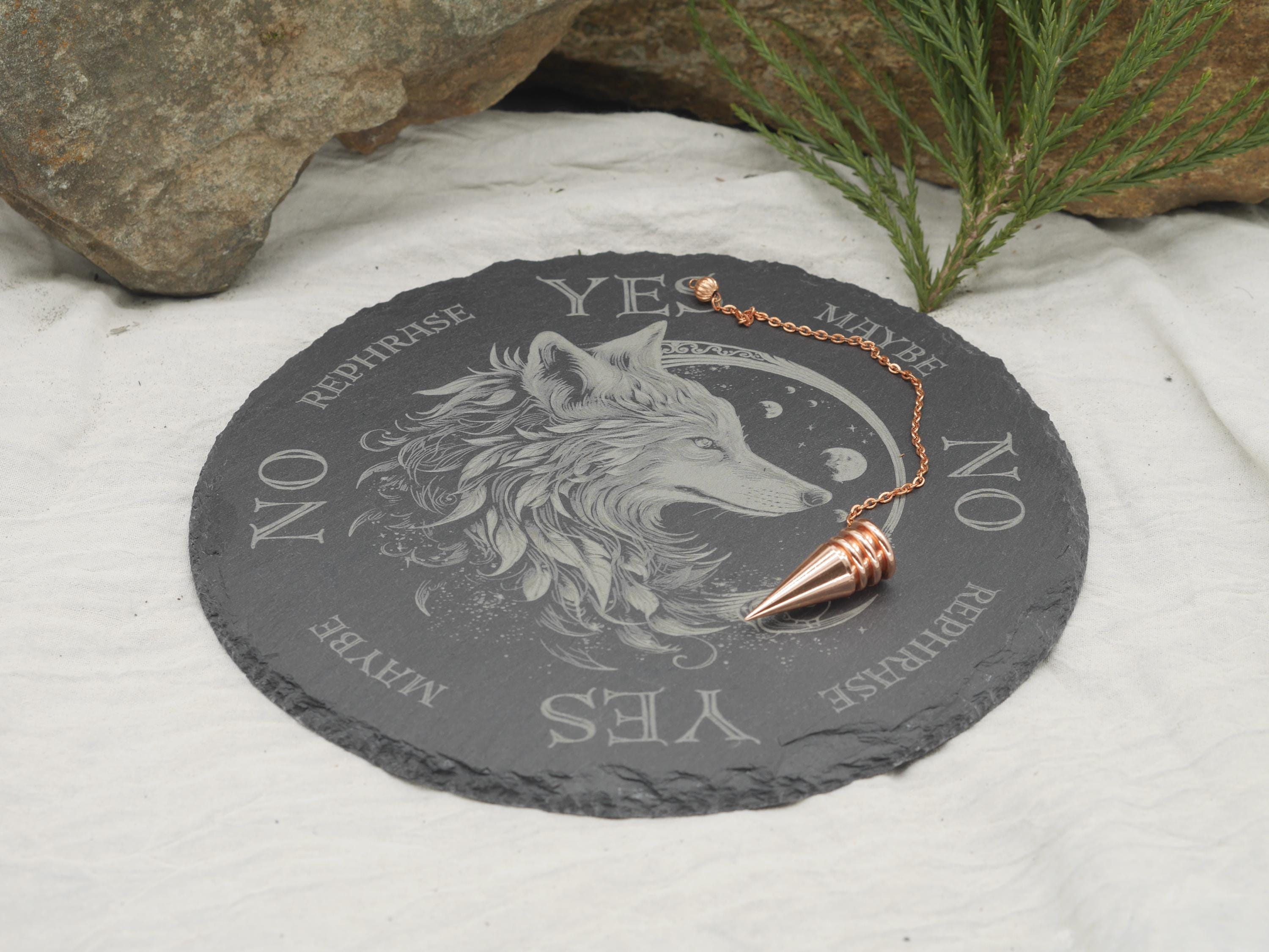 Mystical Wolf Pendulum Board on Natural Slate Tray - Divination - Altar Piece