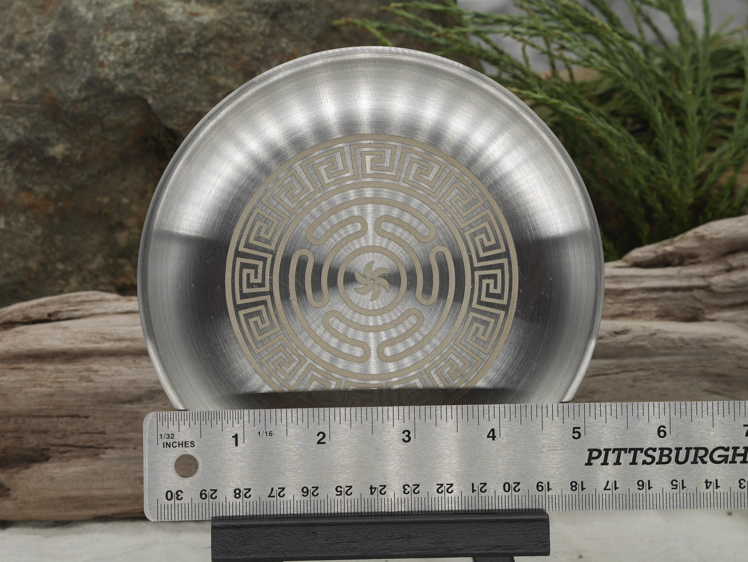 Strophalos of Hecate Altar Tray: Engraved Greek Key Stainless Steel (5 1/2&amp;quot;)