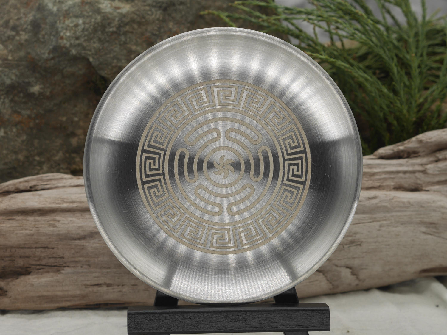 Strophalos of Hecate Altar Tray: Engraved Greek Key Stainless Steel (5 1/2&amp;quot;)