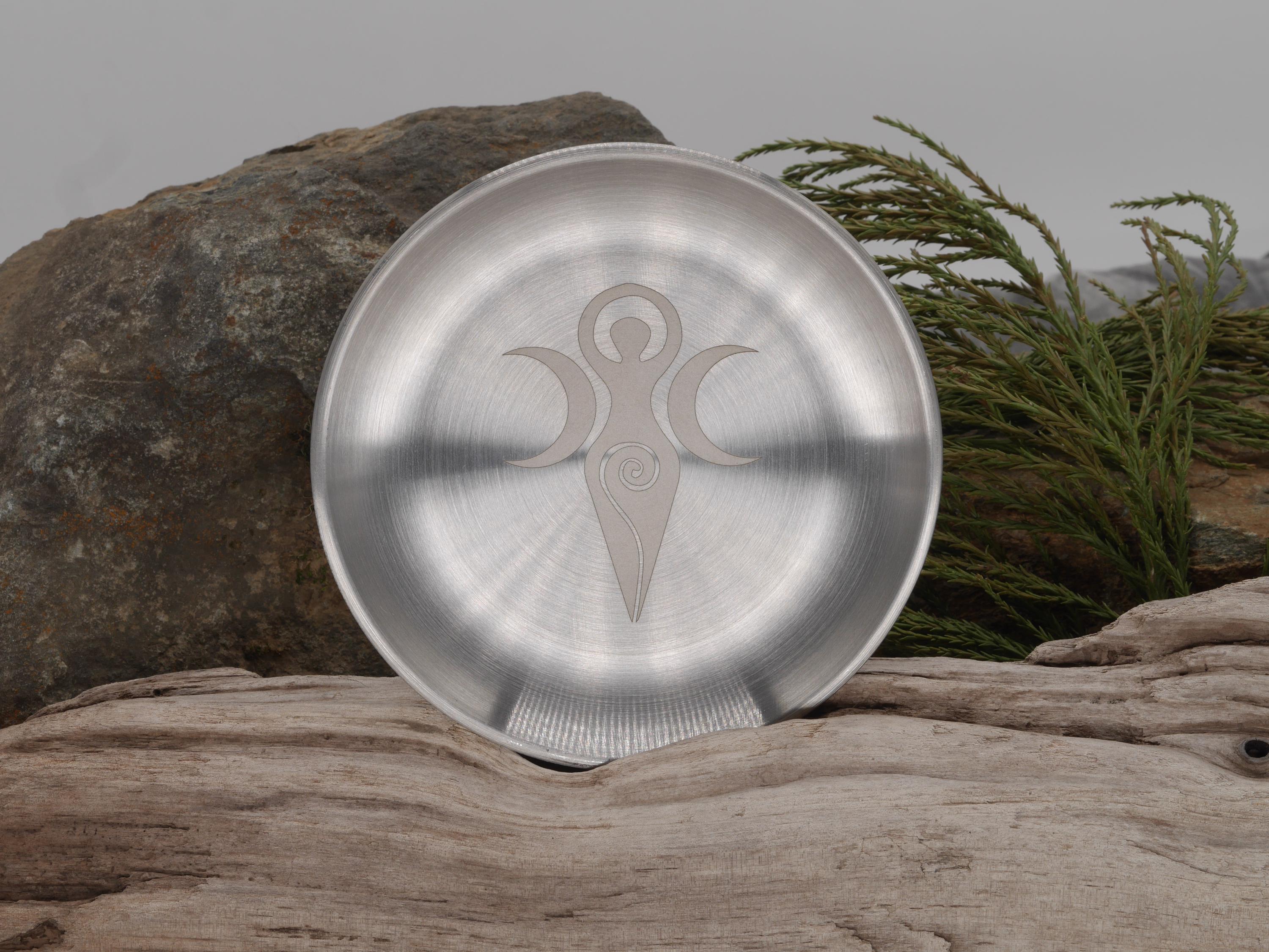 Triple Moon Goddess Altar Tray: Engraved Stainless Steel Offering Plate (5 1/2&amp;quot;)