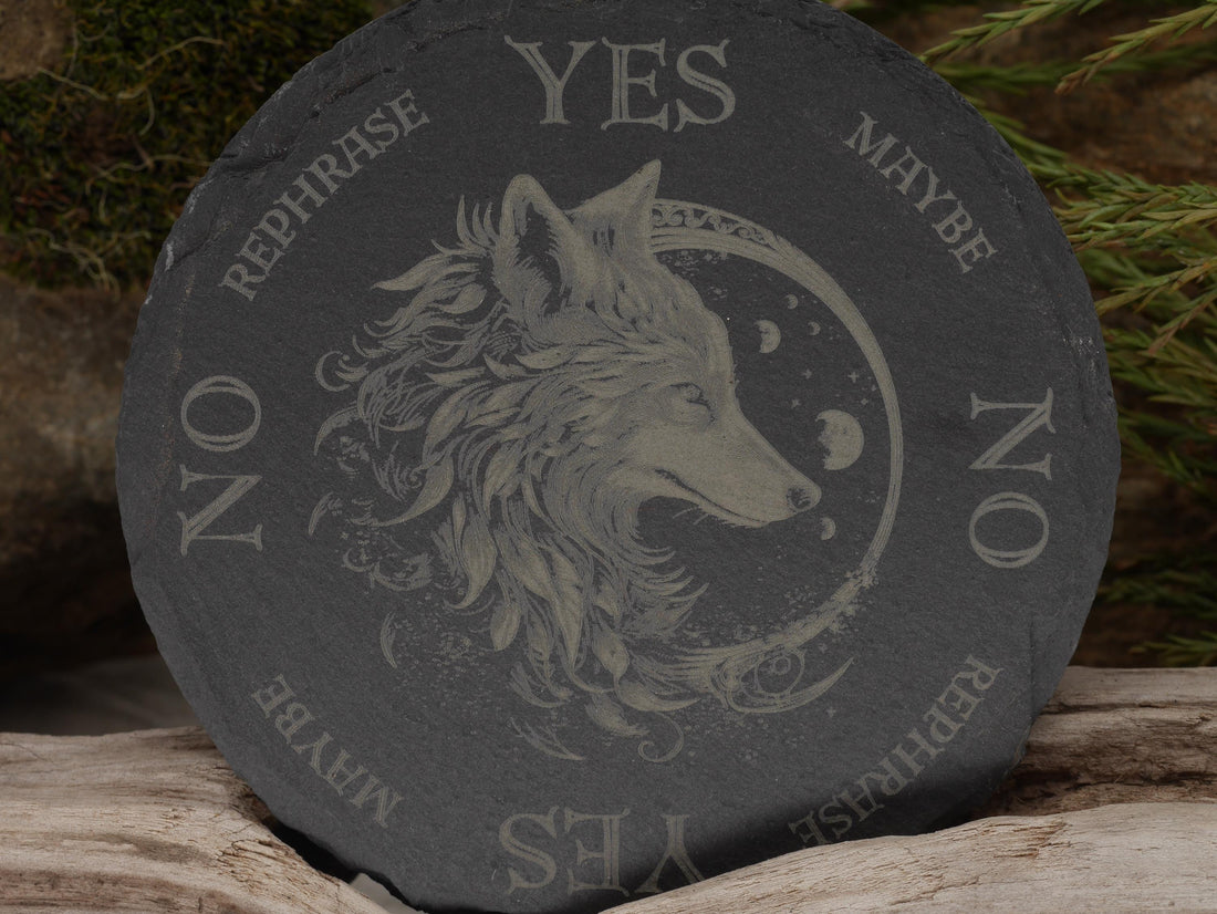 Mystical Wolf Pendulum Board (mini version 4&amp;quot;) on Natural Slate Tray - Divination - Altar Piece