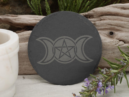 Triple Moon Goddess Slate Altar Tray: Wiccan Pentacle Coaster