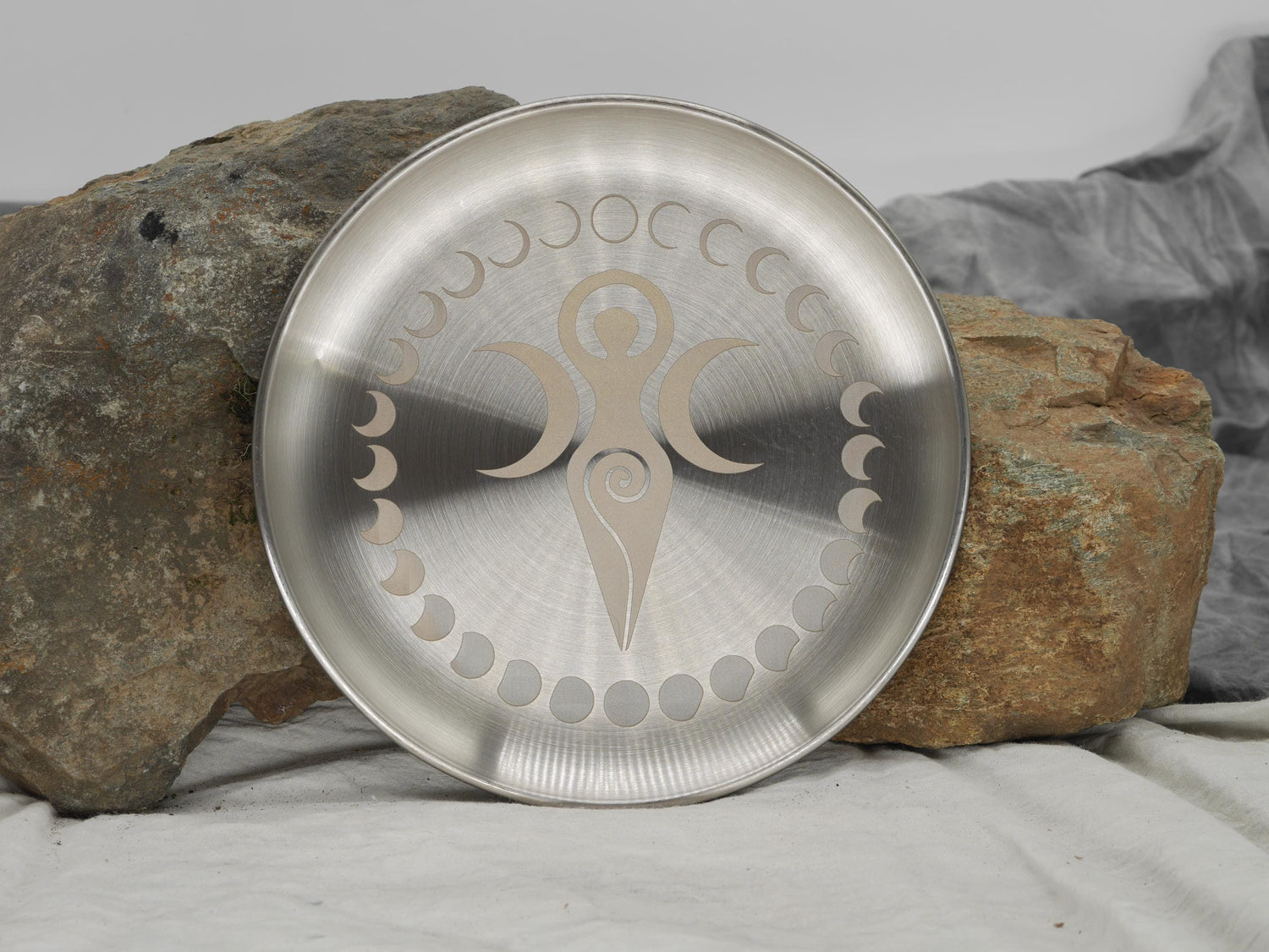 Goddess Triple Moon and Moon Phases Altar Tray / Offering Plate - Engraved Stainless Steel