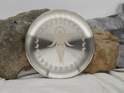 Goddess Triple Moon and Moon Phases Altar Tray / Offering Plate - Engraved Stainless Steel