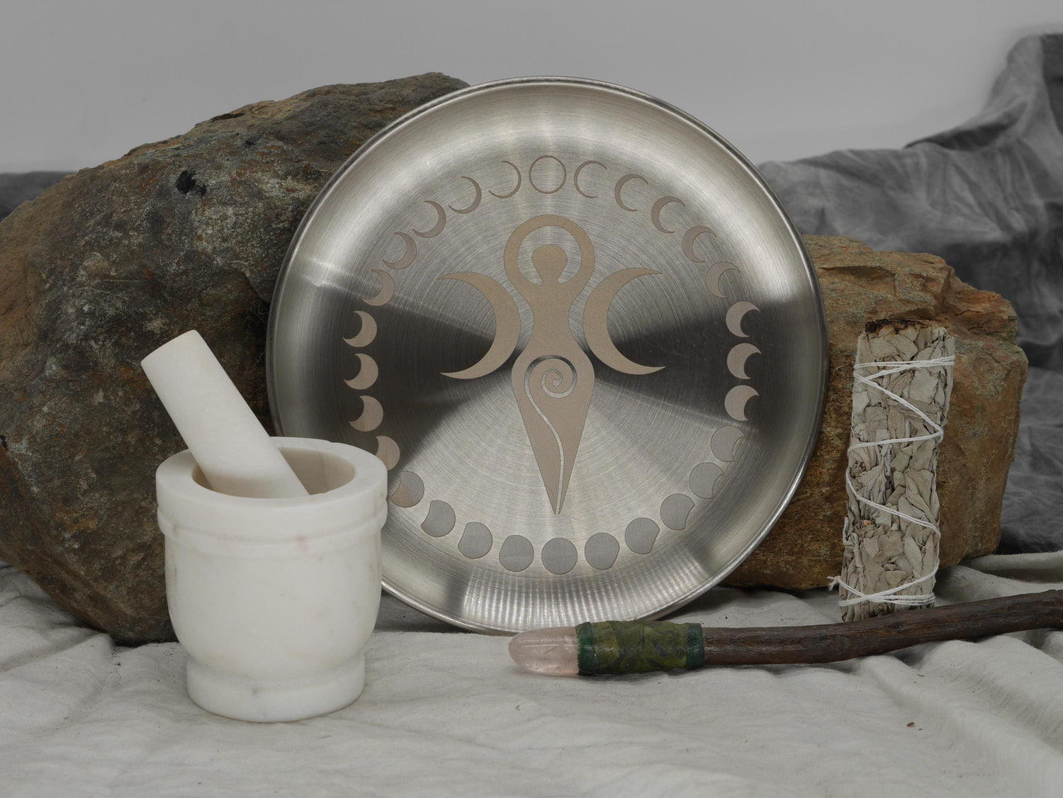 Goddess Triple Moon and Moon Phases Altar Tray / Offering Plate - Engraved Stainless Steel