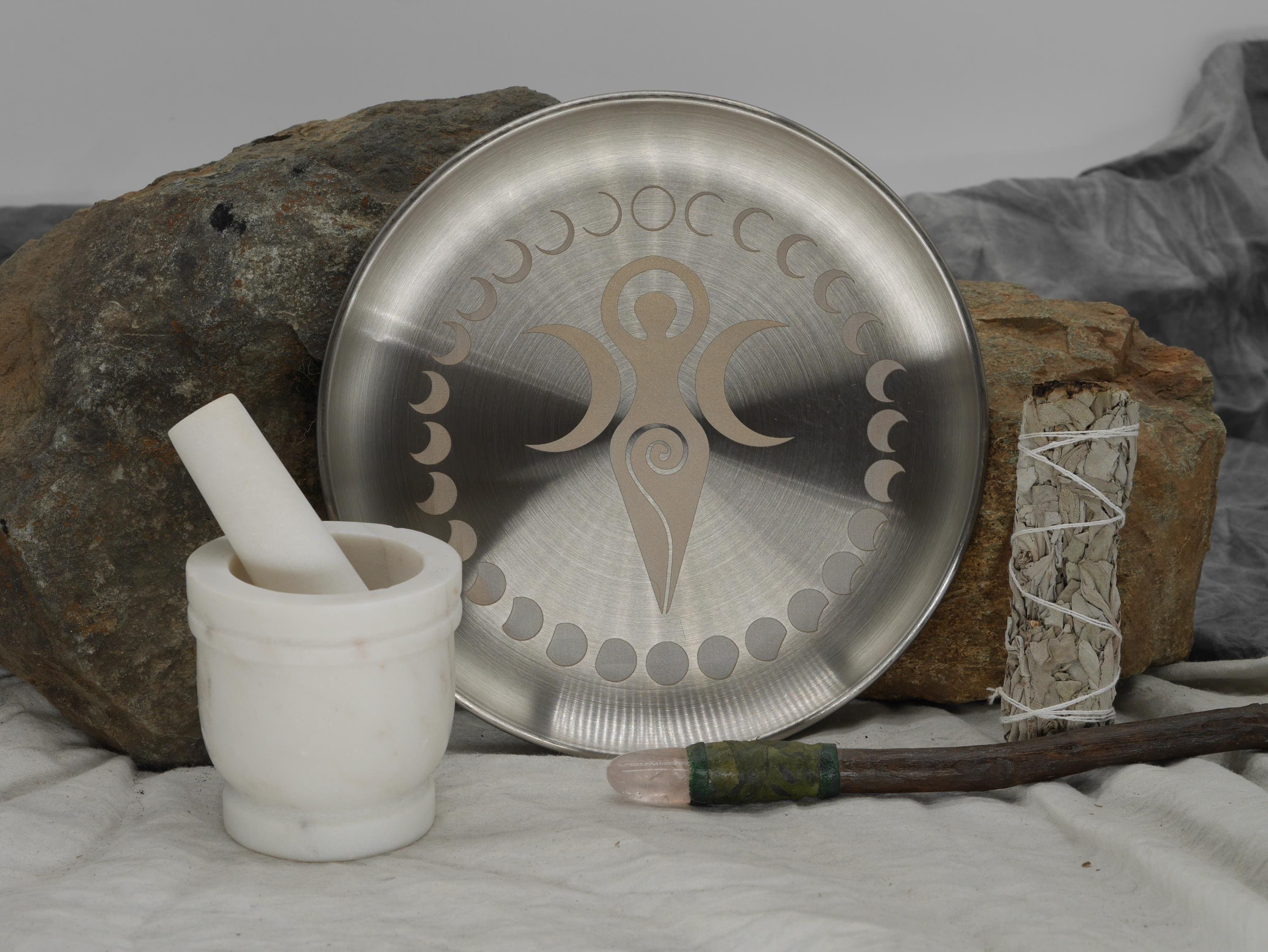 Goddess Triple Moon and Moon Phases Altar Tray / Offering Plate - Engraved Stainless Steel