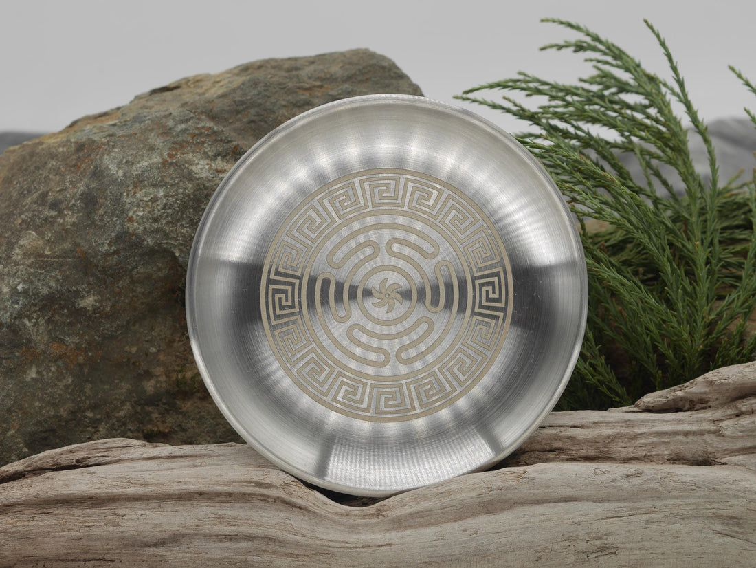 Strophalos of Hecate Altar Tray: Engraved Greek Key Stainless Steel (5 1/2&amp;quot;)