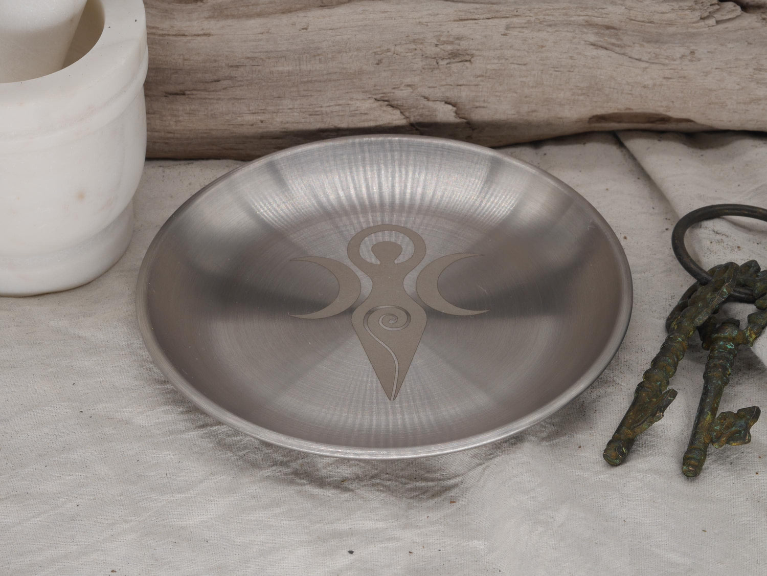 Triple Moon Goddess Altar Tray: Engraved Stainless Steel Offering Plate (5 1/2&amp;quot;)