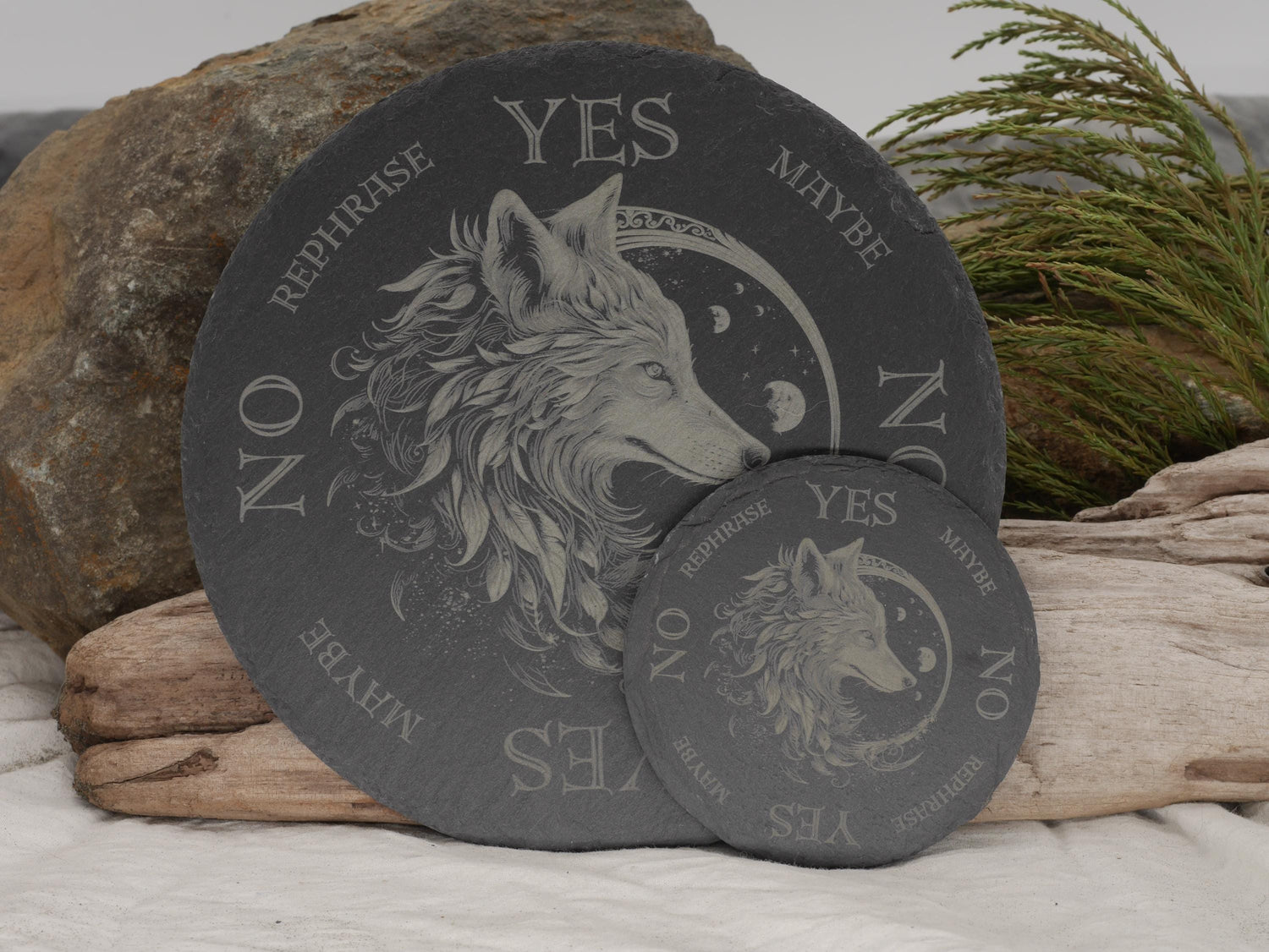 Mystical Wolf Pendulum Board (mini version 4&amp;quot;) on Natural Slate Tray - Divination - Altar Piece