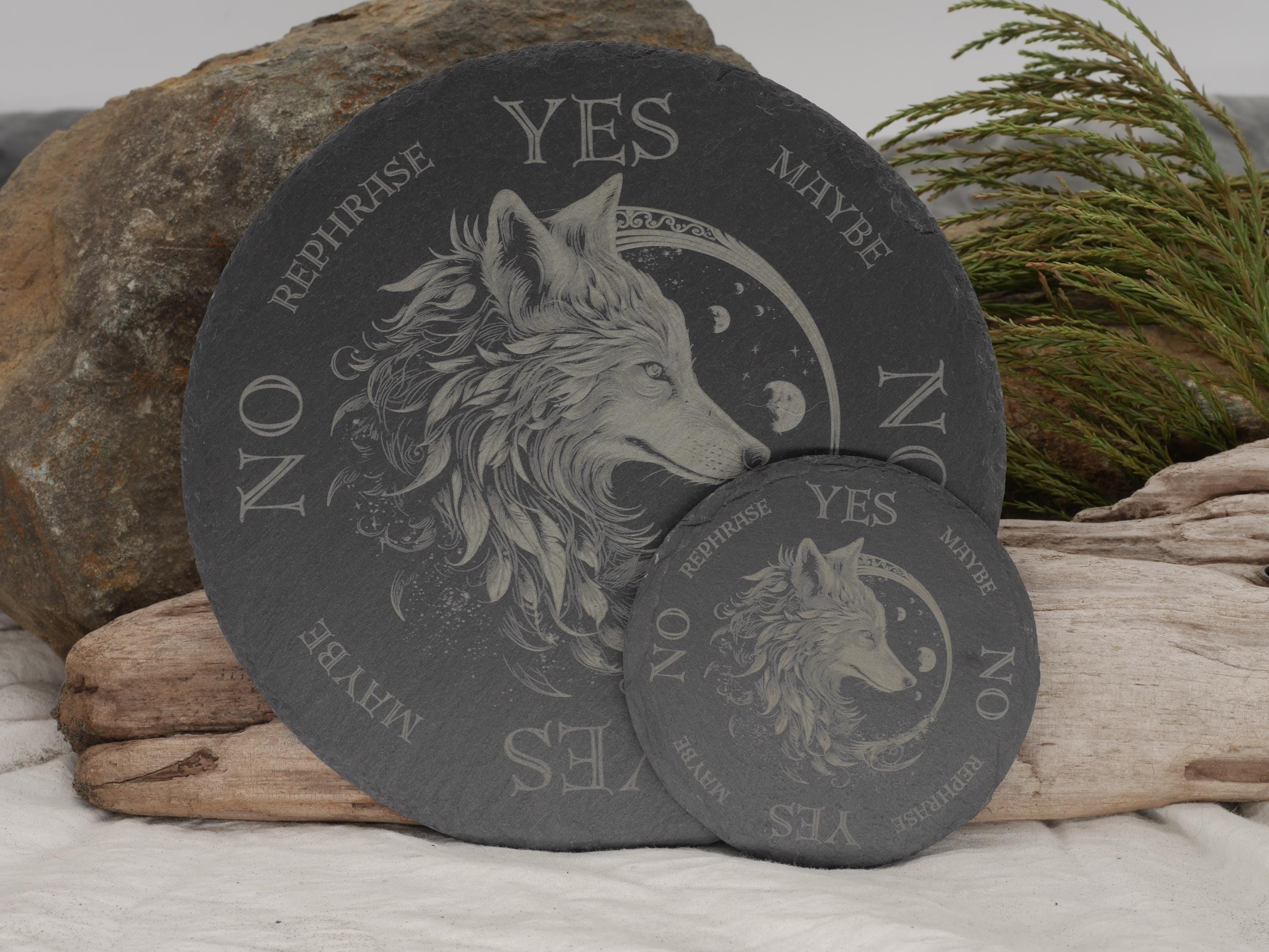 Mystical Wolf Pendulum Board (mini version 4&amp;quot;) on Natural Slate Tray - Divination - Altar Piece