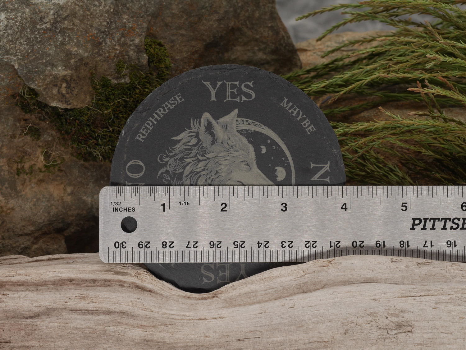 Mystical Wolf Pendulum Board (mini version 4&amp;quot;) on Natural Slate Tray - Divination - Altar Piece