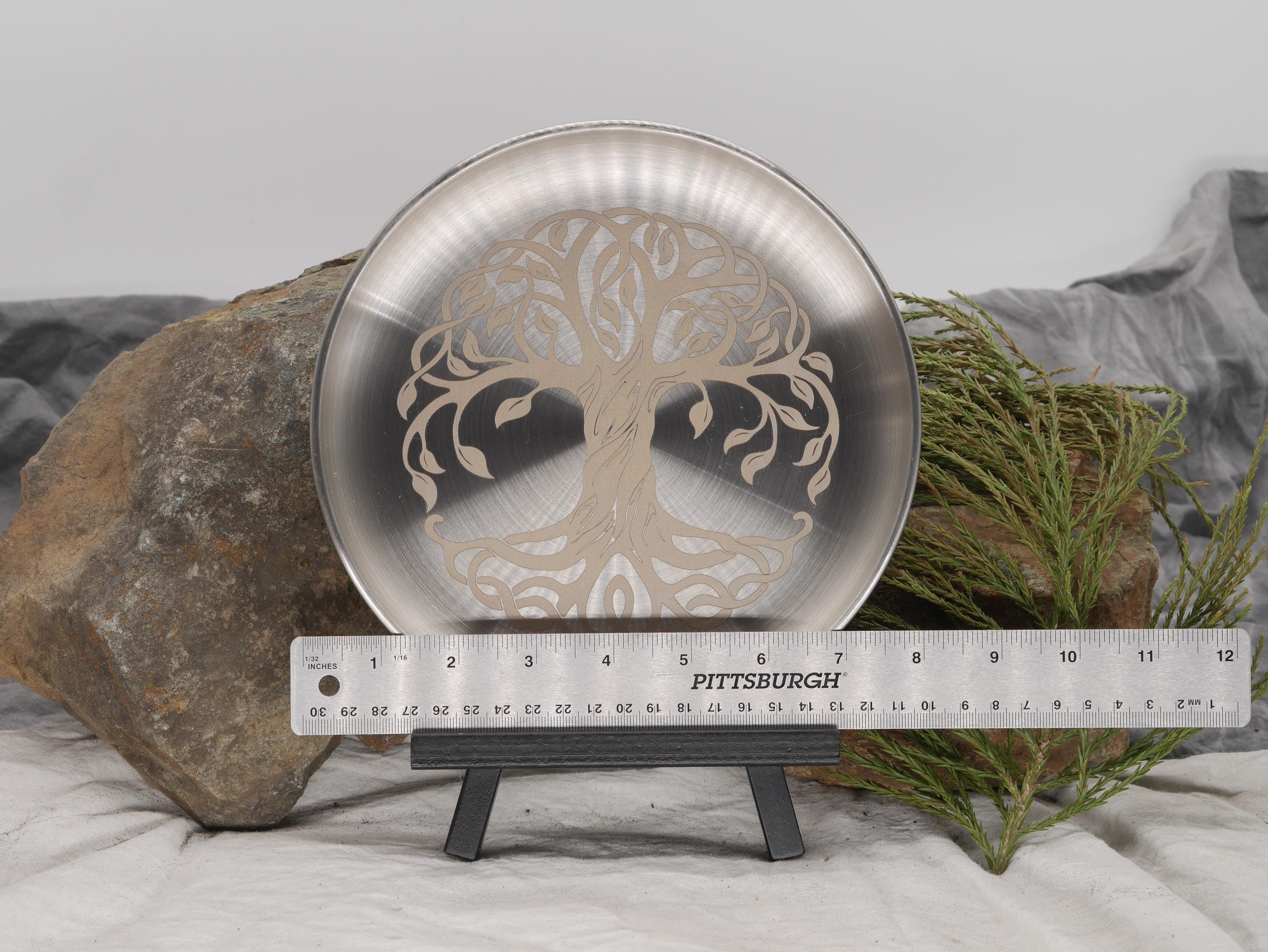Celtic Tree of Life Altar Tray: Engraved Stainless Steel Offering Plate