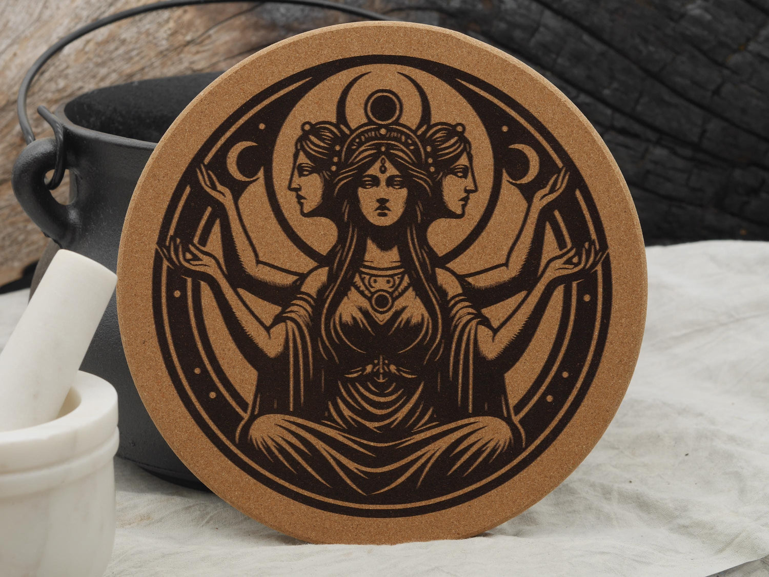 Hecate Triple Goddess Cork Trivet - Kitchen Witch Decor (7 1/2&amp;quot;)