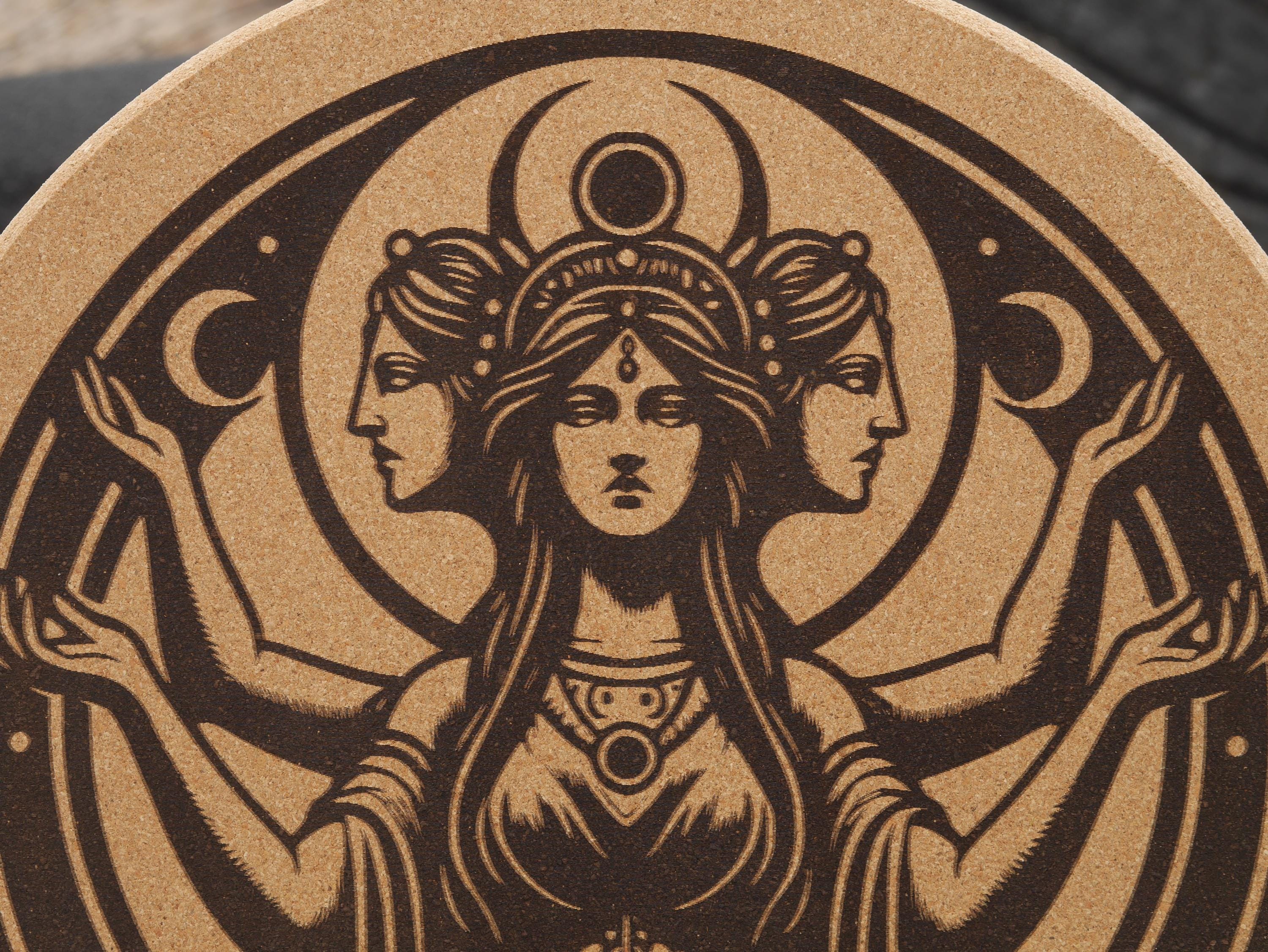Hecate Triple Goddess Cork Trivet - Kitchen Witch Decor (7 1/2&amp;quot;)
