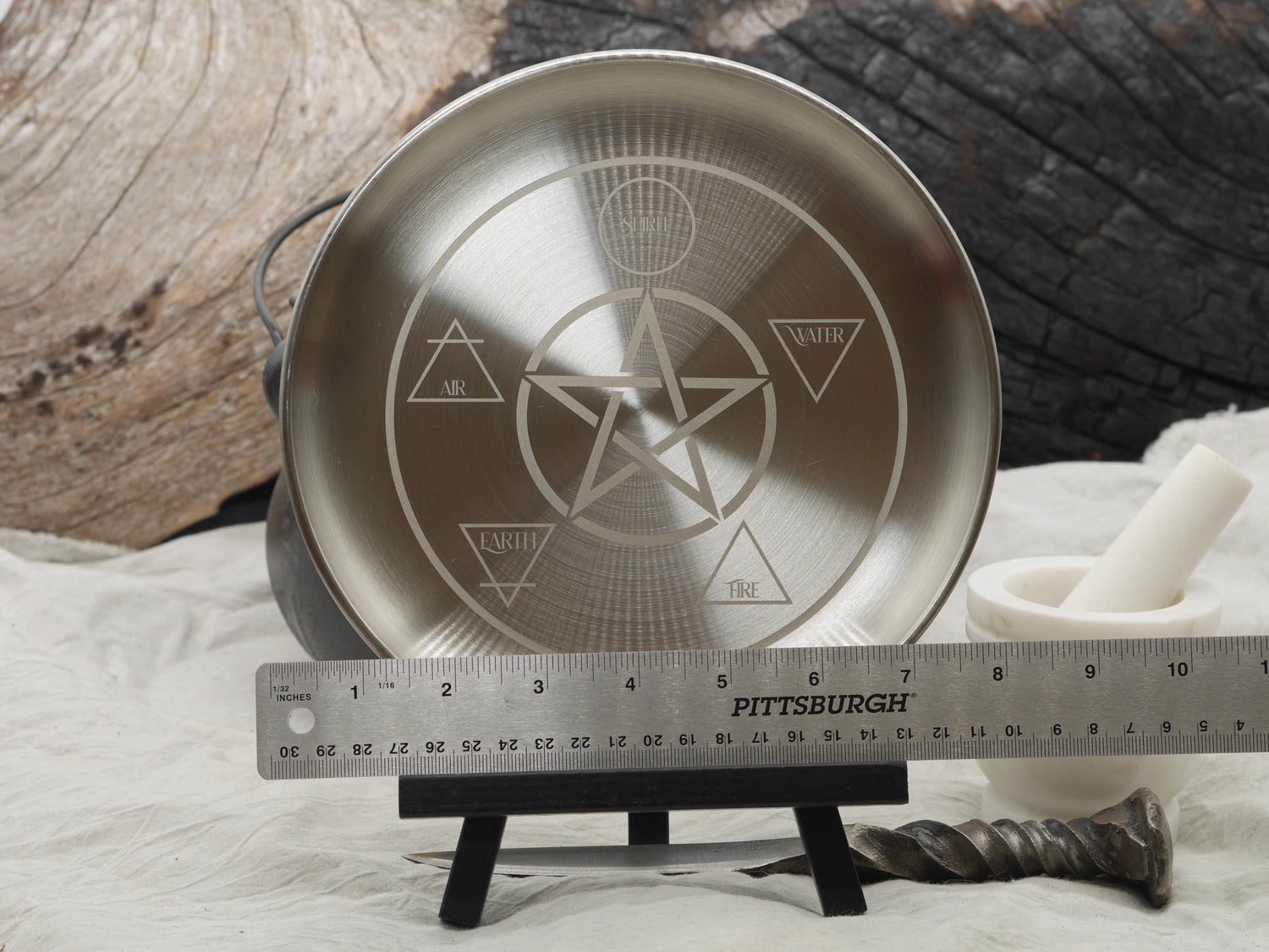 Engraved Stainless Steel Altar Tray: Elemental Pentacle Offering Plate (8 Inches)