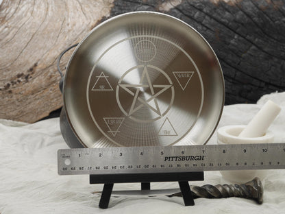Engraved Stainless Steel Altar Tray: Elemental Pentacle Offering Plate (8 Inches)