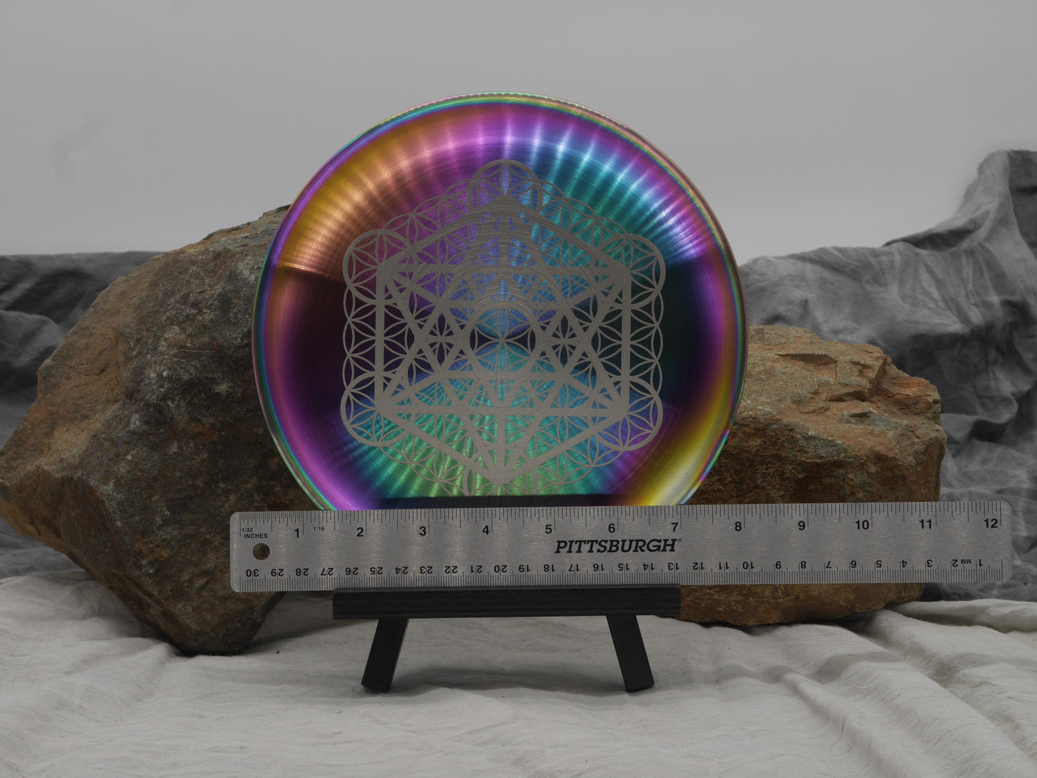 Rainbow Stainless Steel Altar Tray: Sacred Geometry Crystal Grid