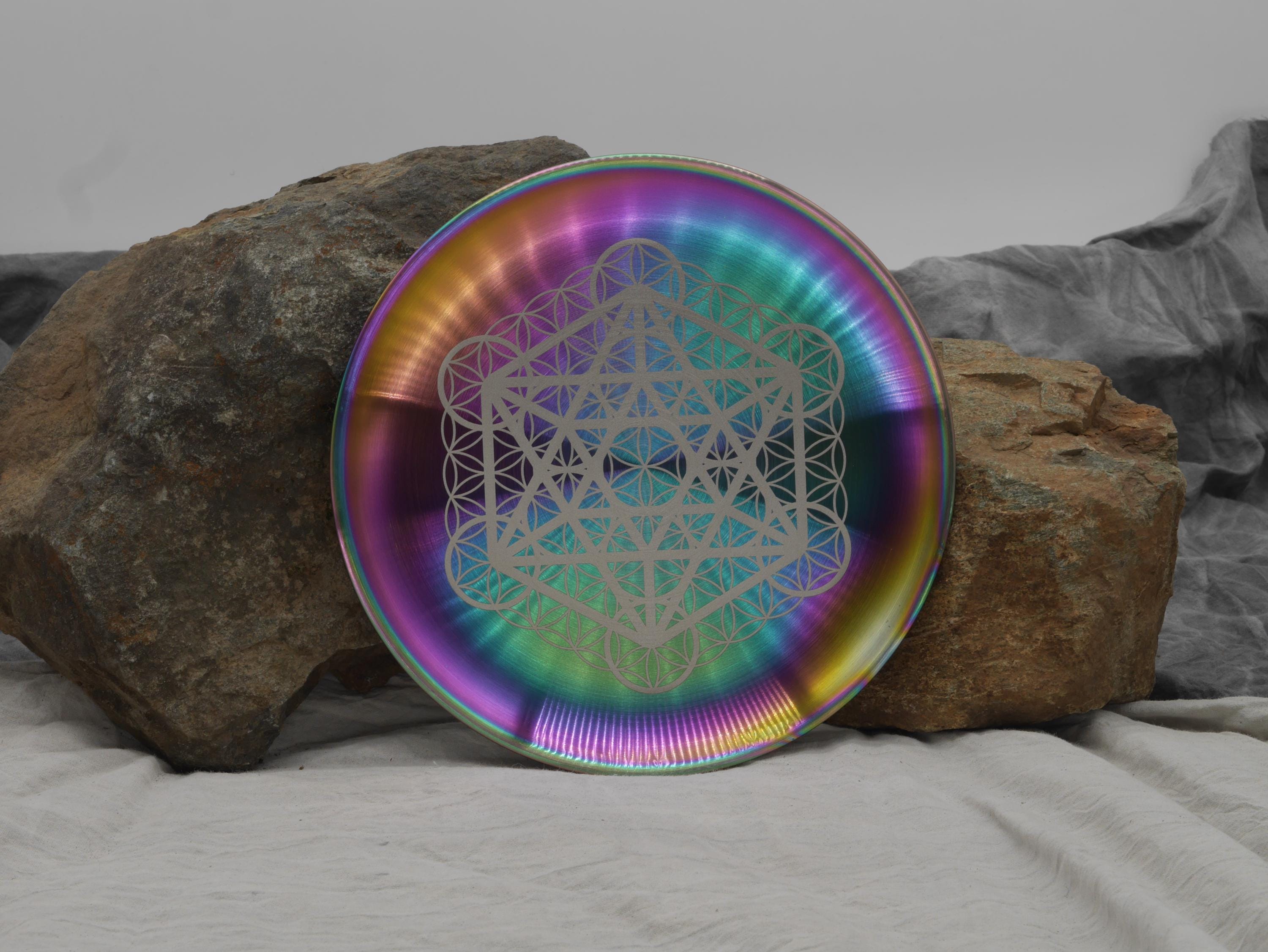 Rainbow Stainless Steel Altar Tray: Sacred Geometry Crystal Grid
