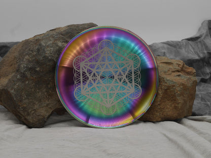 Rainbow Stainless Steel Altar Tray: Sacred Geometry Crystal Grid