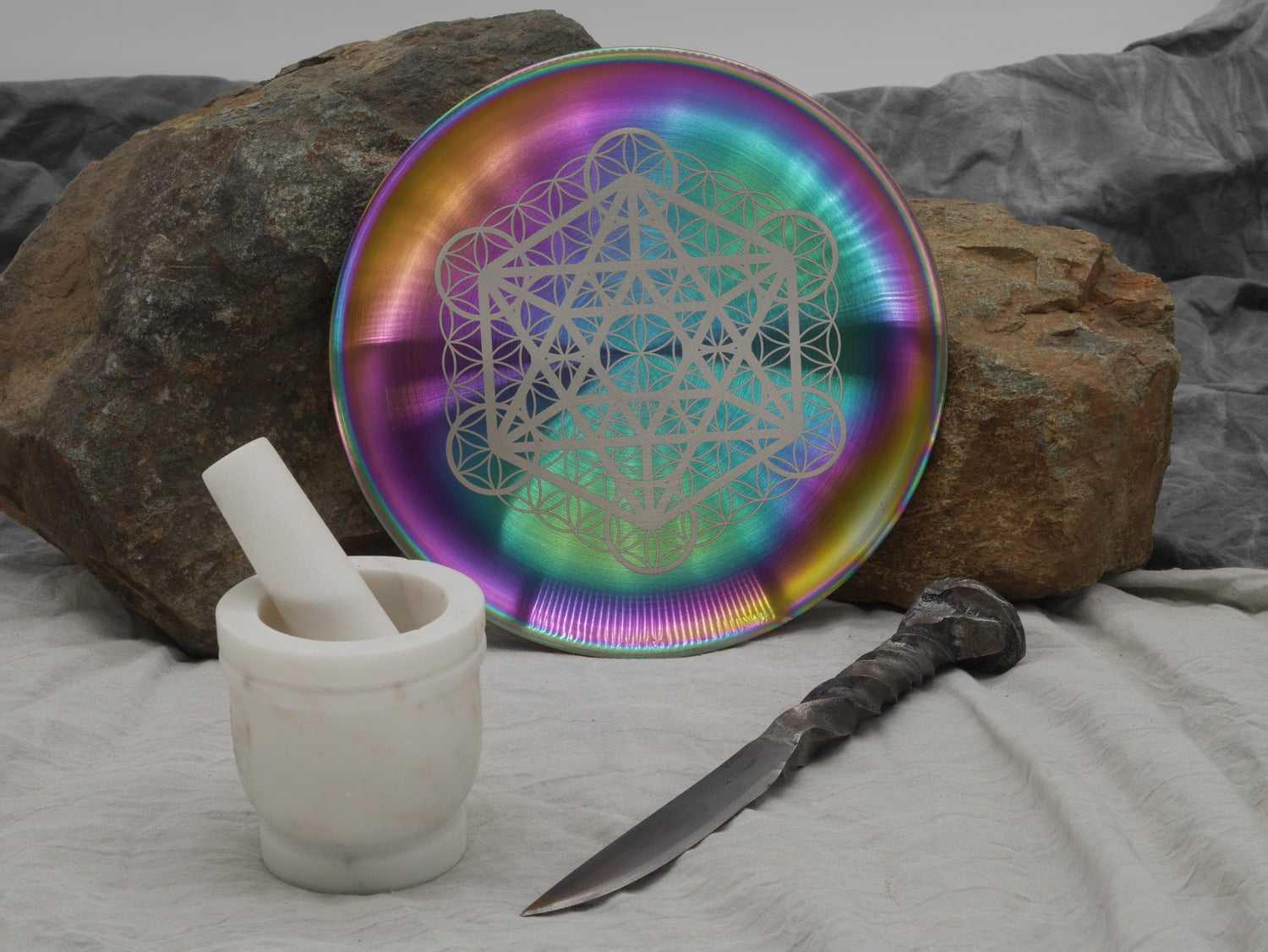 Rainbow Stainless Steel Altar Tray: Sacred Geometry Crystal Grid