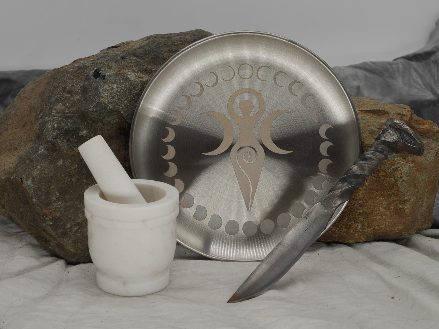 Goddess Triple Moon and Moon Phases Altar Tray / Offering Plate - Engraved Stainless Steel