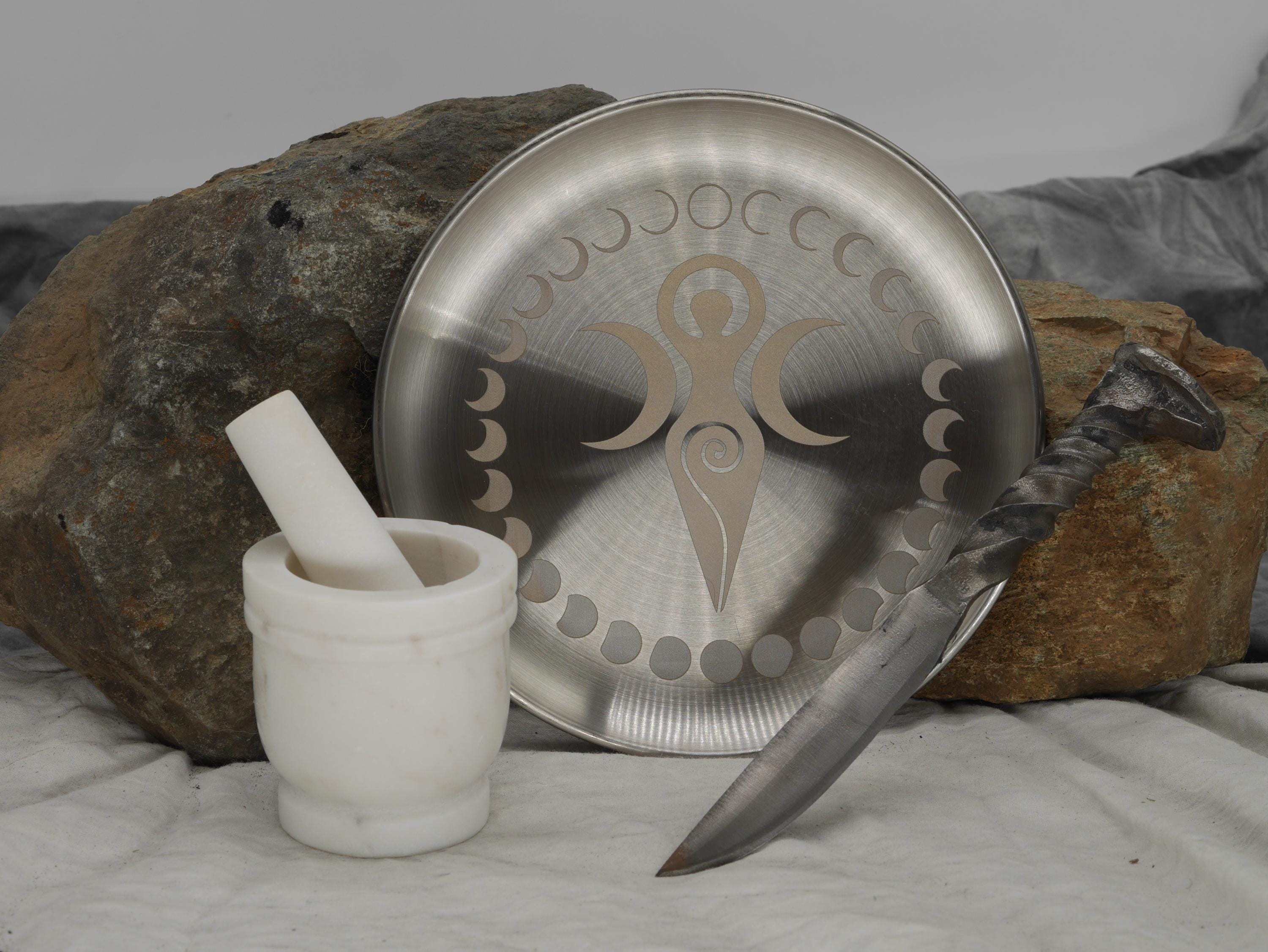 Goddess Triple Moon and Moon Phases Altar Tray / Offering Plate - Engraved Stainless Steel