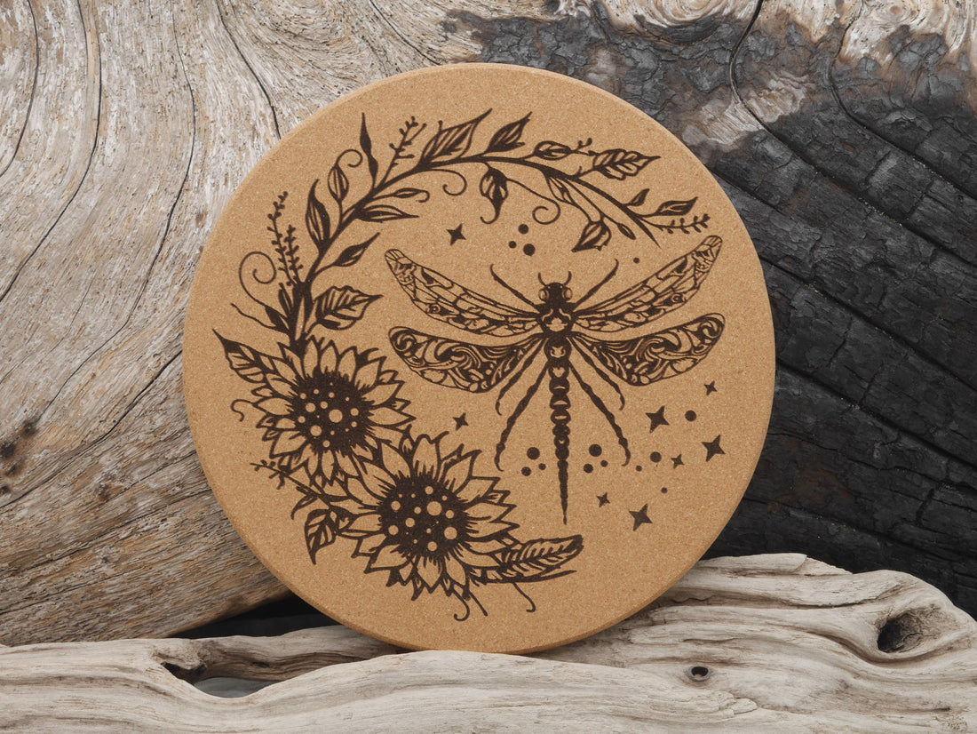 Dragonfly Cork Trivet: Laser Engraved Kitchen Decor (7 1/2&amp;quot;)