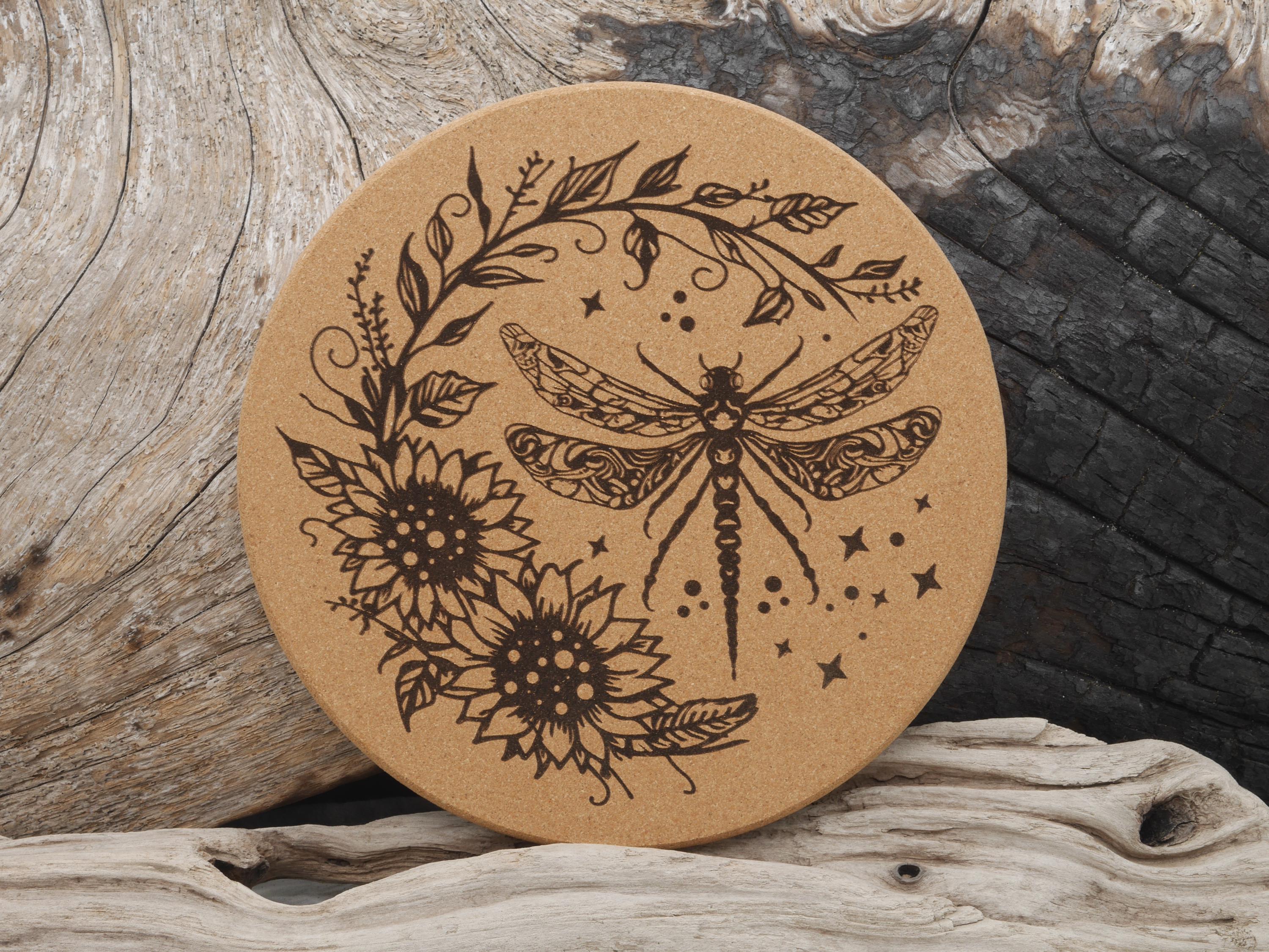 Dragonfly Cork Trivet: Laser Engraved Kitchen Decor (7 1/2&amp;quot;)