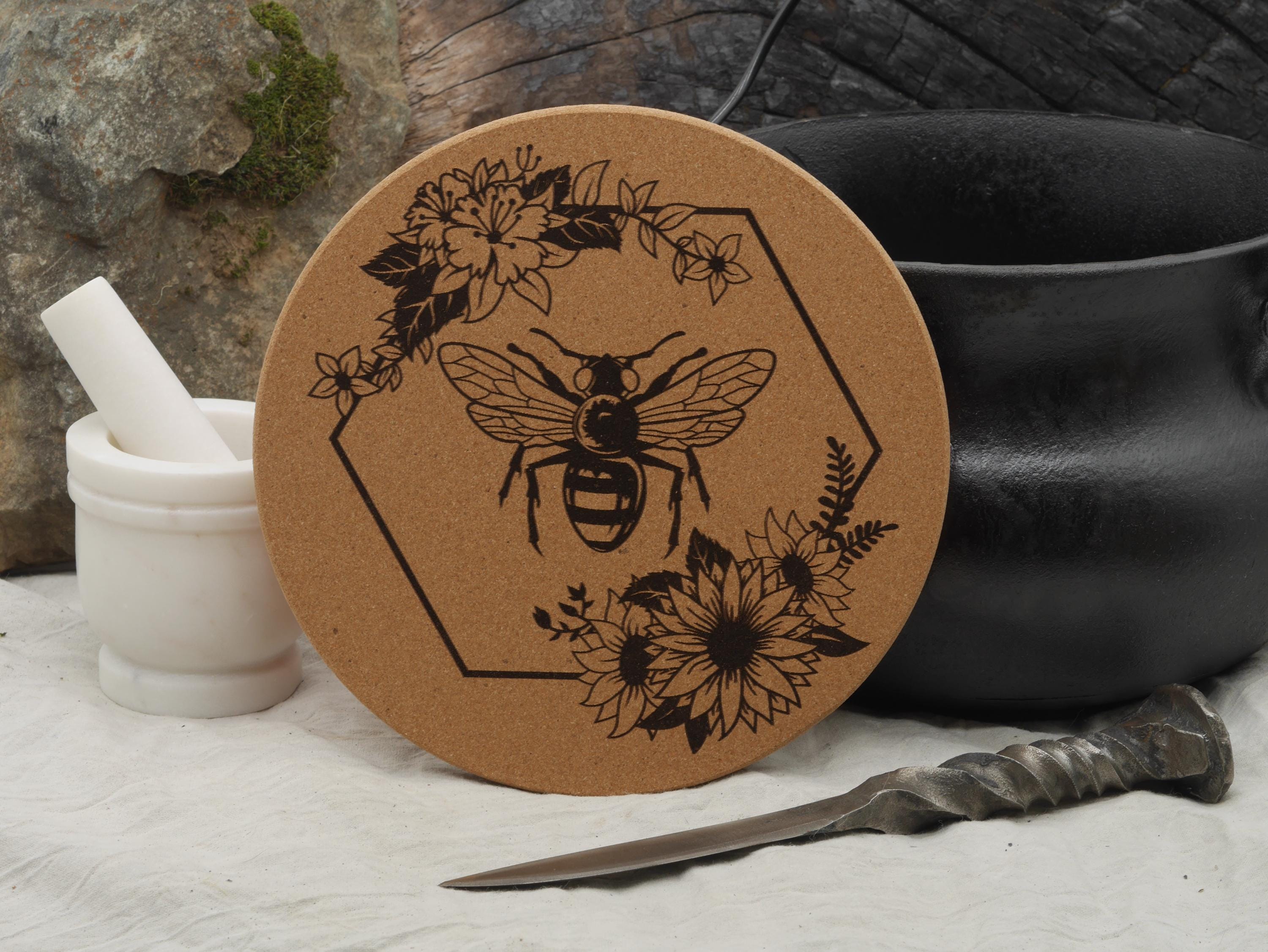 Honey Bee Cork Trivet: Laser Engraved Floral Decor