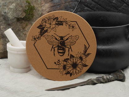 Honey Bee Cork Trivet: Laser Engraved Floral Decor