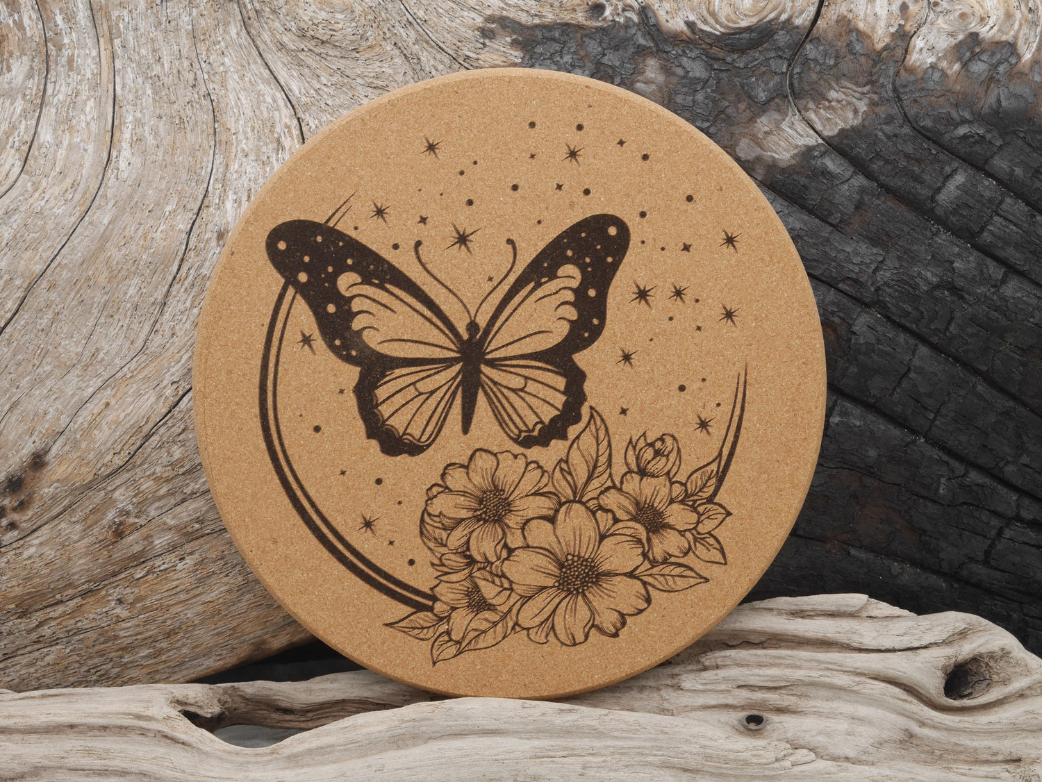 Butterfly Cork Trivet: Laser Engraved Floral Design, Kitchen Decor