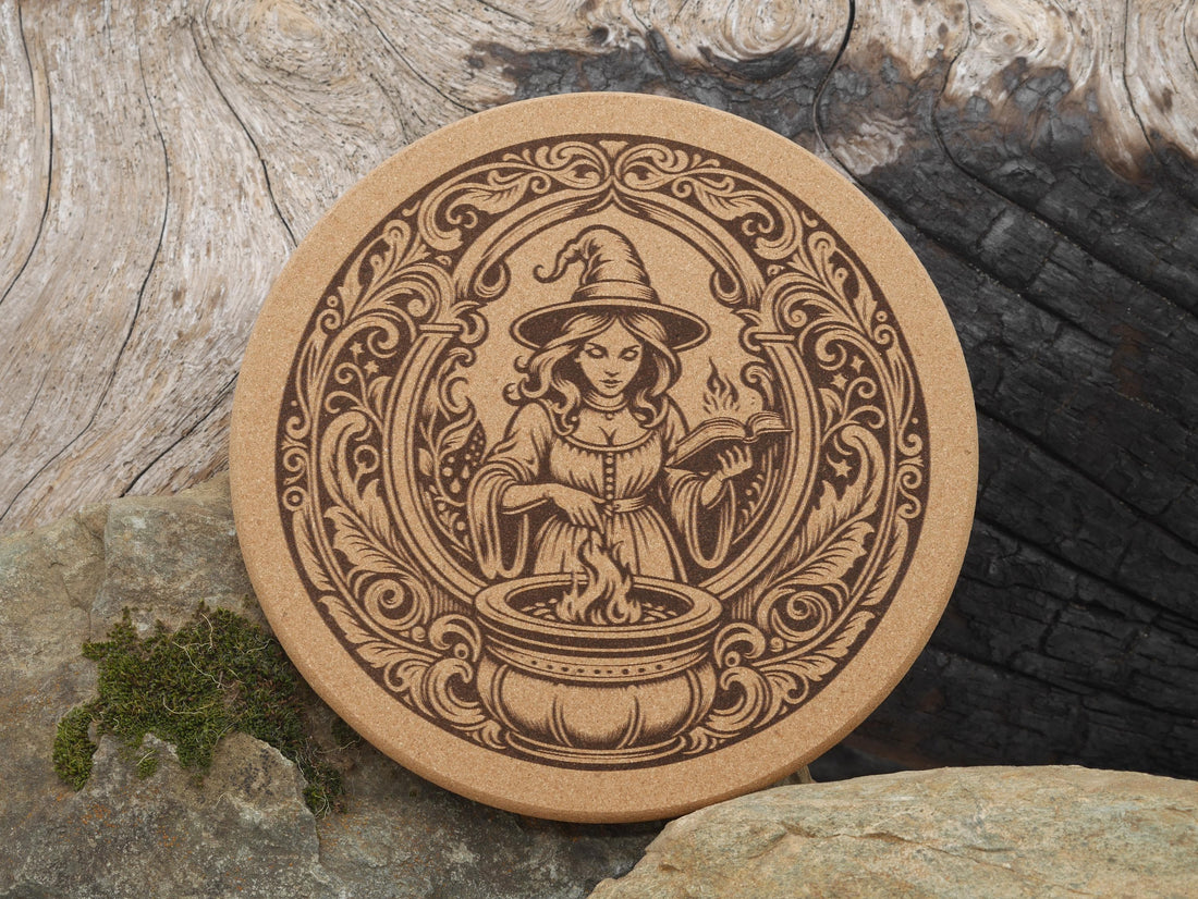 Kitchen Witch Cork Trivet: Laser Engraved Cottage Core Decor (7 1/2&amp;quot;)