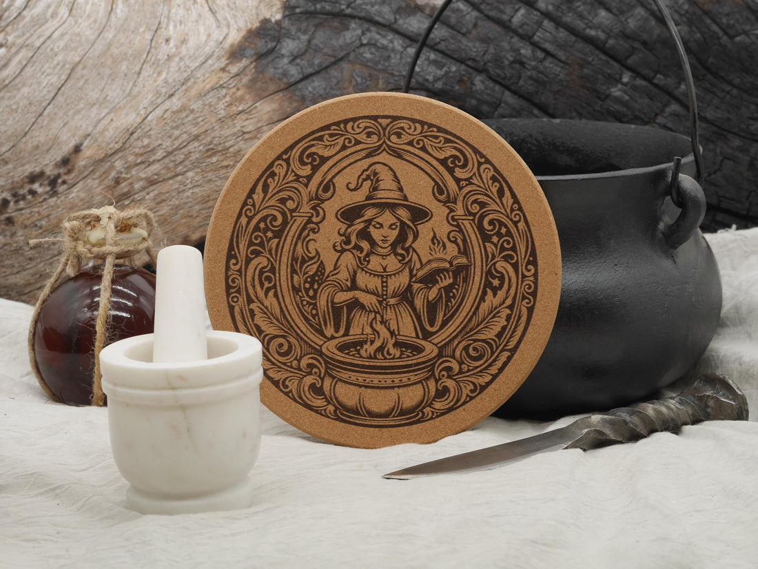 Kitchen Witch Cork Trivet: Laser Engraved Cottage Core Decor (7 1/2&amp;quot;)