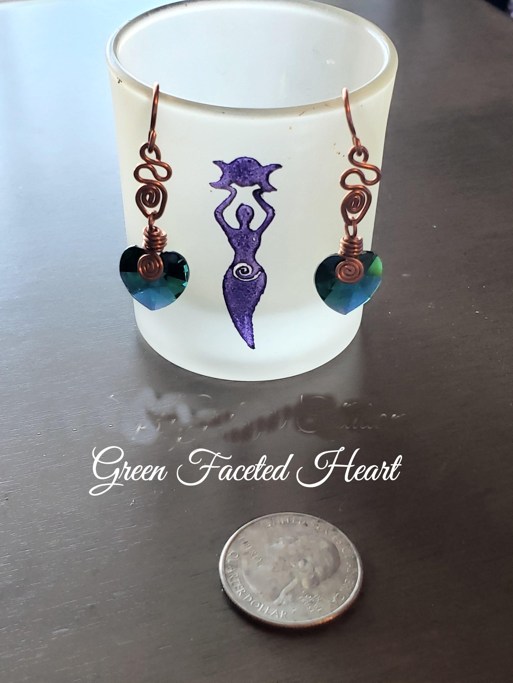 Green Faceted Heart Wire Wrap Earrings, Copper Metaphysical JewelryJE148