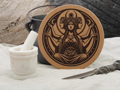 Hecate Triple Goddess Cork Trivet - Kitchen Witch Decor (7 1/2&amp;quot;)