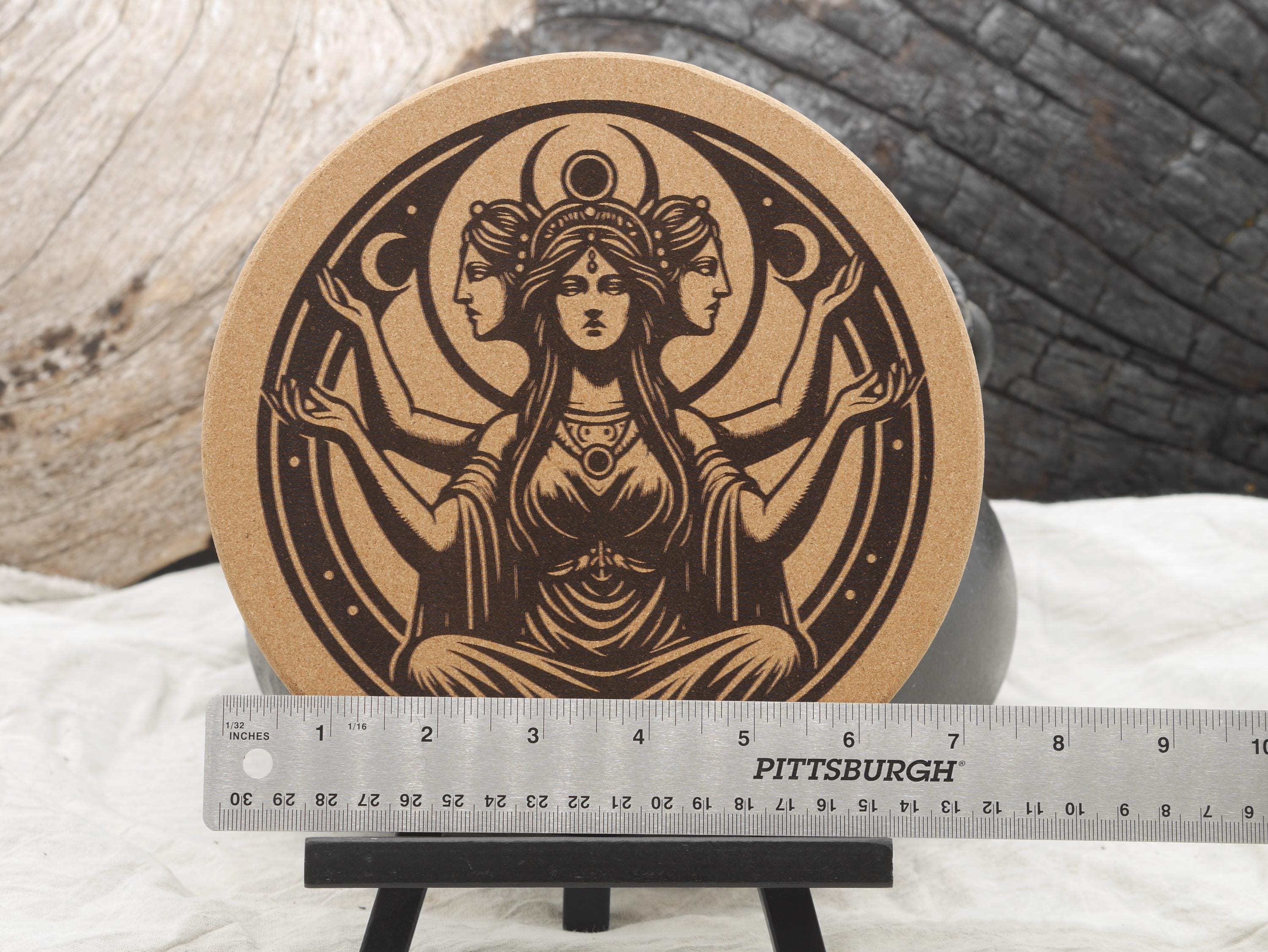 Hecate Triple Goddess Cork Trivet - Kitchen Witch Decor (7 1/2&amp;quot;)