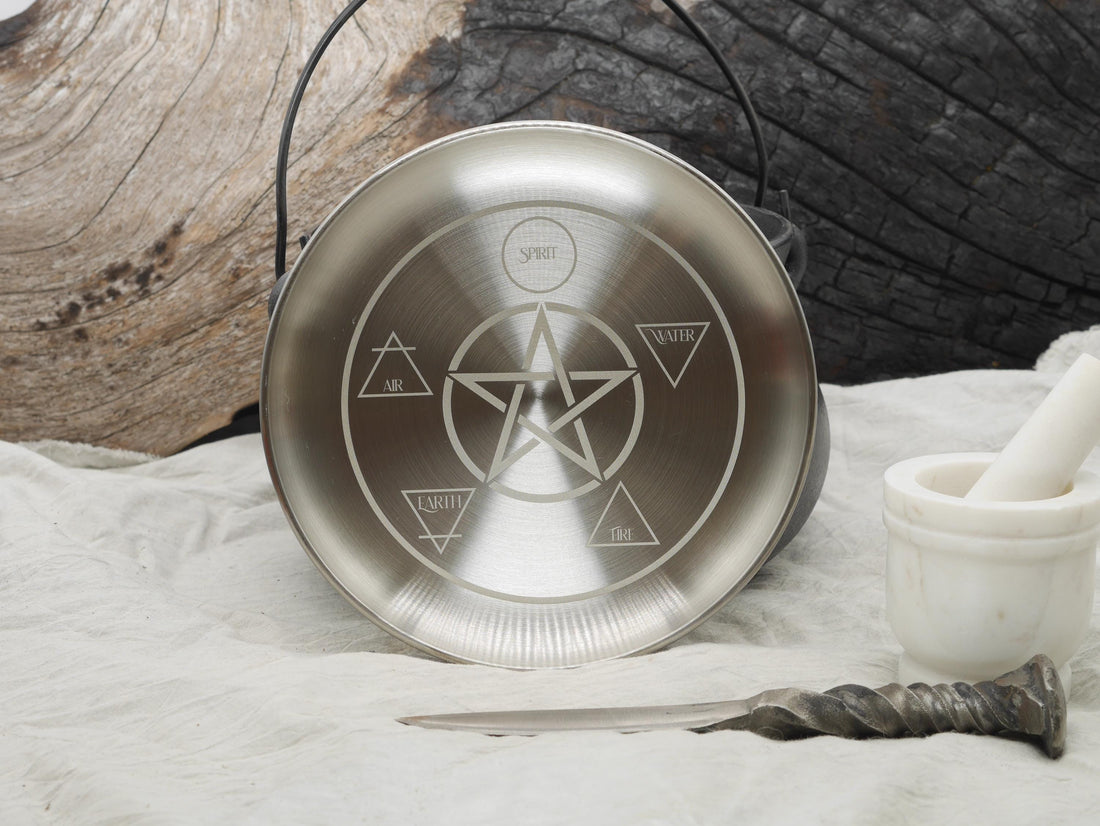 Engraved Stainless Steel Altar Tray: Elemental Pentacle Offering Plate (8 Inches)