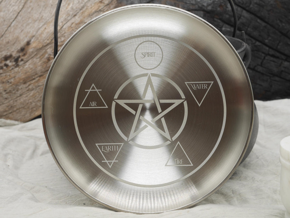 Engraved Stainless Steel Altar Tray: Elemental Pentacle Offering Plate (8 Inches)